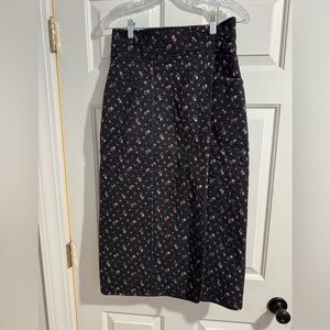 Sezane Black Quilted Maxi Skirt with Pink Floral Design Sz 38/6